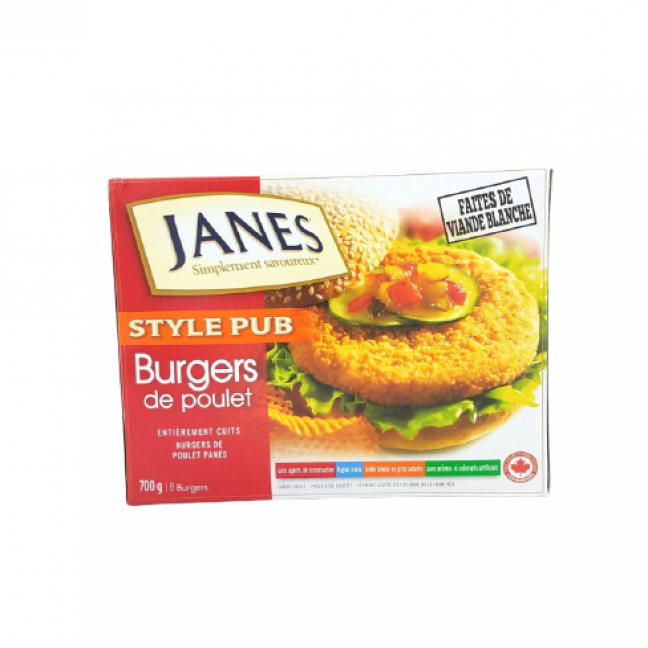 Frozen pub style chicken burgers Janes Aubut (11674)