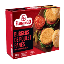 Flamingo Frozen breaded chicken burgers, cooked