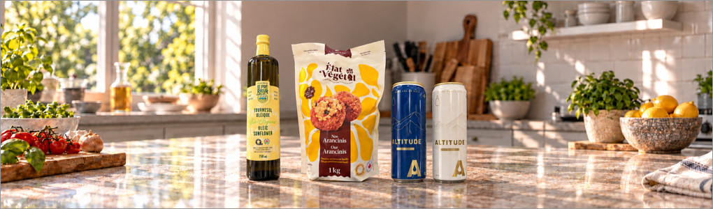 Huile Le Pré Rieur, arancinis État Végétal et cannettes d’eau Altitude disposés sur un comptoir de cuisine, certifiés Aliments du Québec.